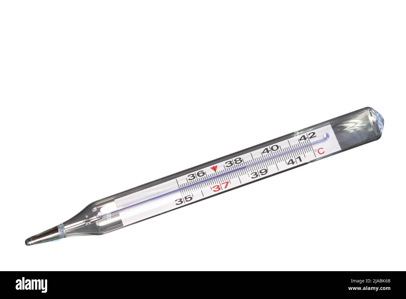 Analoges klinisches Thermometer, quecksilberfrei, kalibriert in Grad Celsius, was auf eine Temperatur von 38,5 Grad Celsius hinweist. Fieber oder Krankheit konz Stockfoto