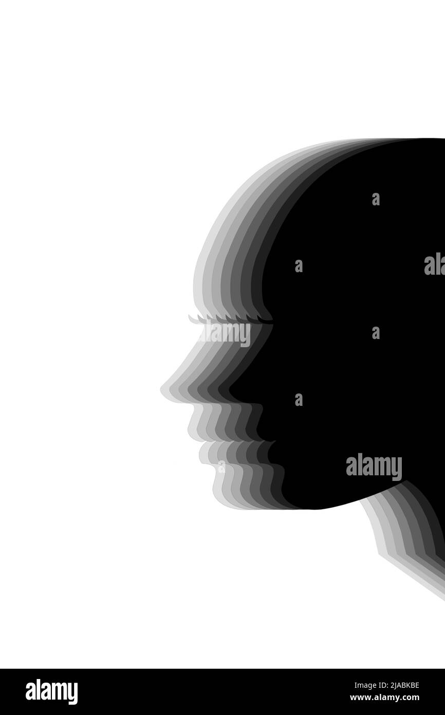 Silhouette des Kopfes einer jungen Frau im Profil, mit Gradienten von Schwarz zu Weiß in Prozentschritten, als Konzept von Feminismus, Gleichheit und Frauen emp Stockfoto