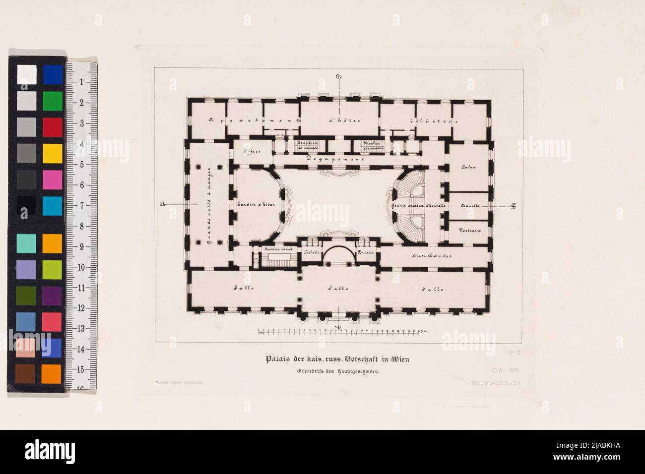 Palais der kaiserlichen russischen Botschaft in Wien / Grundriß des Hauptgeschosses ". Palais der kaiserlichen russischen Botschaft am Rennweg, Hauptgeschoss, Grundriß (einige Scizze, Band 1, Blatt 2). Otto Wagner (1841-1918), Architekt Stockfoto