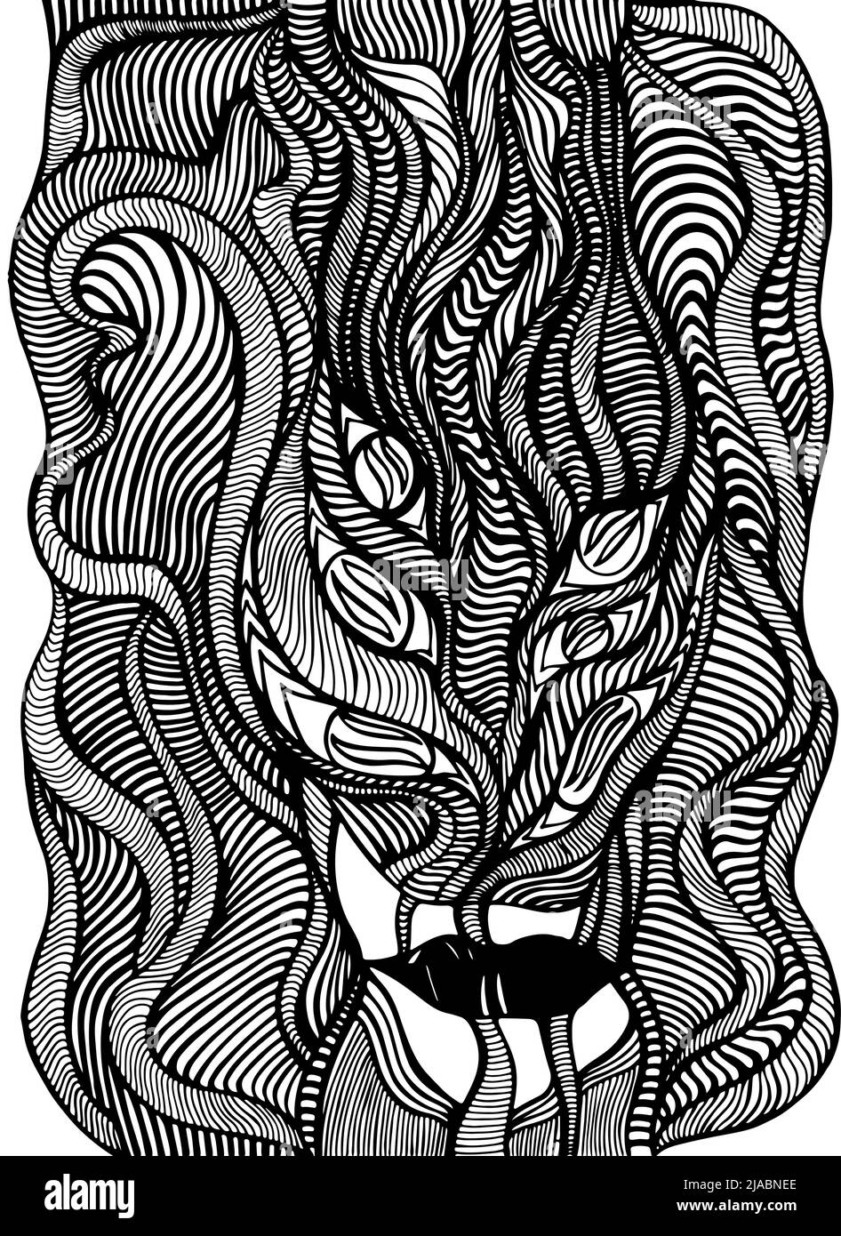 Schwarz-weißes psychedelisches Gesicht mit dämonischen Augen, von verrückten Wellen Muster Malseite. Abstrakter dekorativer Hintergrund mit anthropomorphem Gesicht. Stock Vektor