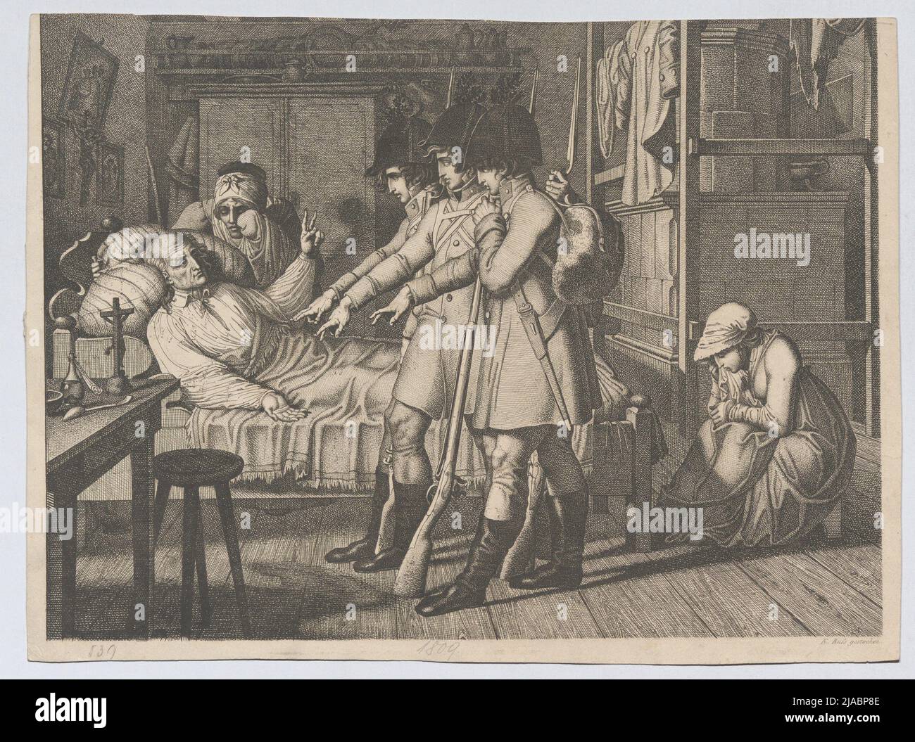 Drei Landwehrmänner (zur Zeit der Befreiungskriege) sagen ihrem Vater Auf Wiedersehen. Karl (Carl) Russ (Russ) (1779-1843), Kupferstecher Stockfoto