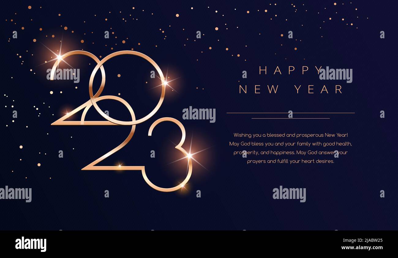 Luxus 2023 Frohes neues Jahr Hintergrund. Goldenes Design für Weihnachten und Neujahr 2023 Grußkarten mit Neujahrswünschen von Gesundheit und Wohlstand. Vec Stock Vektor