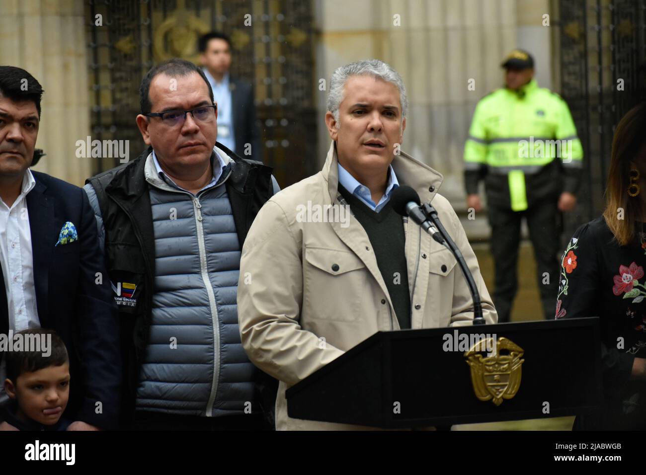 Bogota, Kolumbien. 29.. Mai 2022. Der kolumbianische Präsident Ivan Duque Marquez eröffnet die Wahlkundgebung mit seiner Stimme während der Präsidentschaftswahlen 2022 am 29. Mai 2022. Foto: Camilo Erasso/Long Visual Press Kredit: Long Visual Press/Alamy Live News Stockfoto