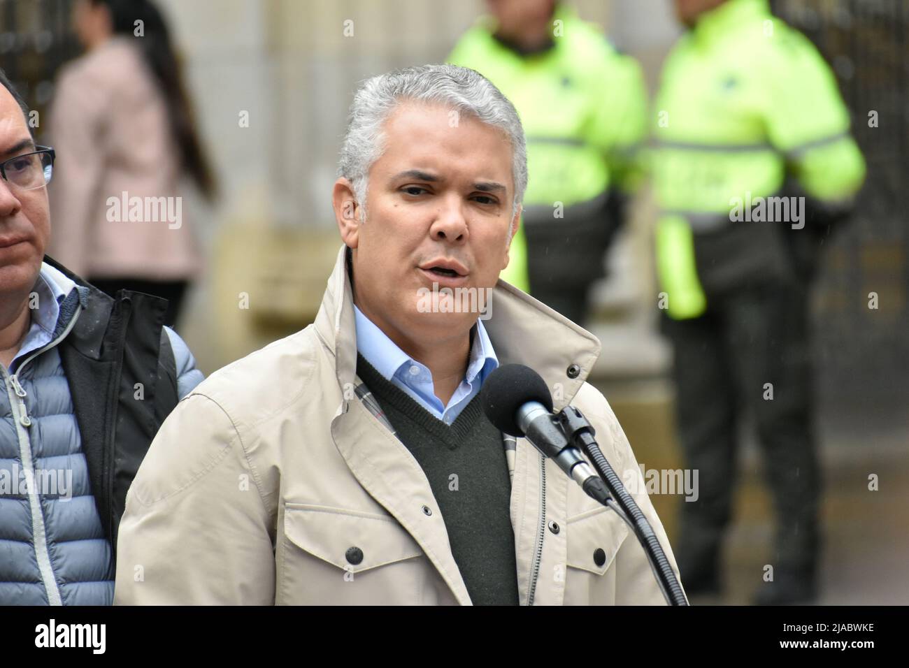 Bogota, Kolumbien. 29.. Mai 2022. Der kolumbianische Präsident Ivan Duque Marquez eröffnet die Wahlkundgebung mit seiner Stimme während der Präsidentschaftswahlen 2022 am 29. Mai 2022. Foto: Camilo Erasso/Long Visual Press Kredit: Long Visual Press/Alamy Live News Stockfoto