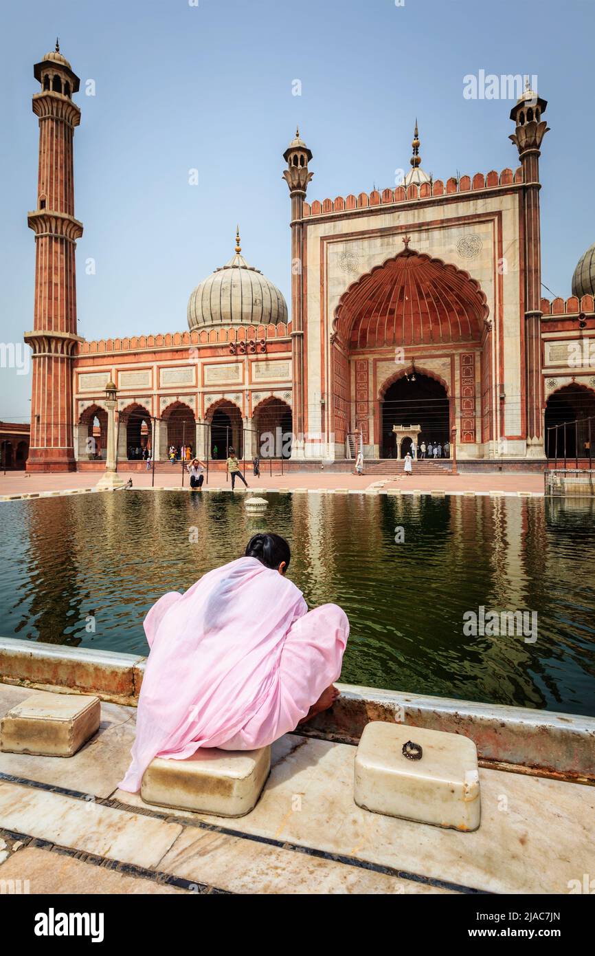 Frau in der Jama Masjid Moschee, Alt-Delhi, Indien Stockfoto
