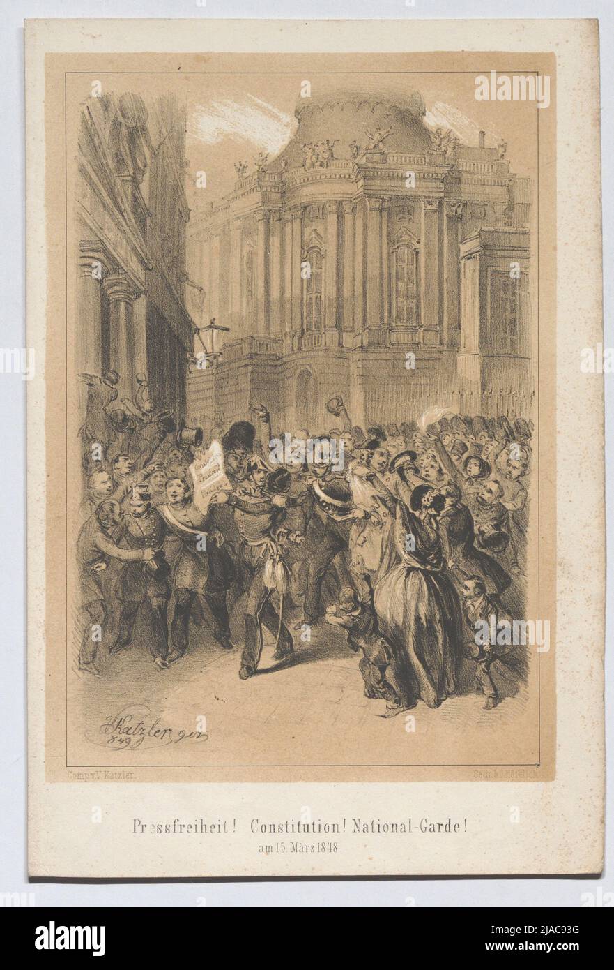 „Pressefreiheit! Verfassung! Nationalgarde! / Am 15. März 1848' (Ankündigung der Errungenschaften der Märzrevolution auf dem Michaelerplatz). Vinzenz Katzler (1823-1882), Lithograph, Johann Höfelich (1796-1849), Drucker Stockfoto