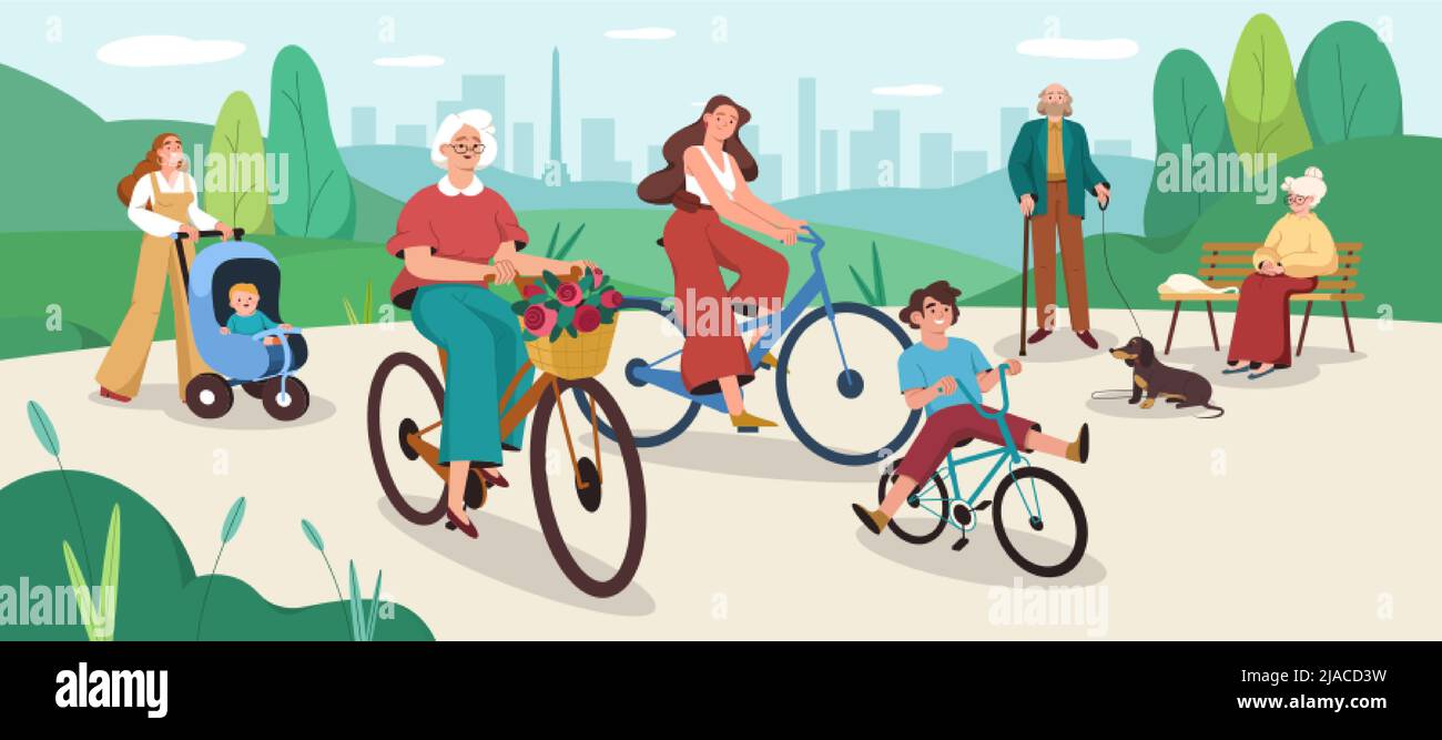 Flache Menschen laufen im öffentlichen Park. Glückliche Familie fährt Fahrrad. Alte Frau sitzt auf einer Bank. Großvater mit Hund. Mutter läuft mit Kinderwagen, Fahrrad. Freizeitaktivitäten im Freien, Erholung. Stock Vektor