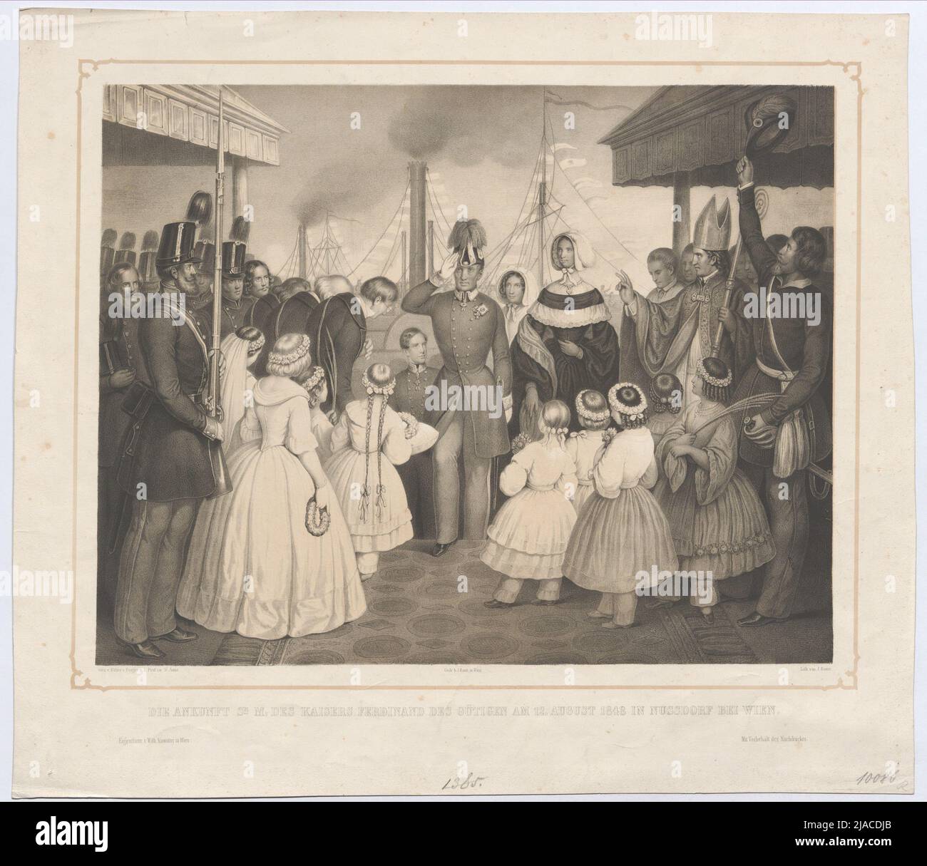 'Die Ankunft SR: M: Der Kaiser Ferdinand des Wütigen am 12. August 1848 in Nussdorf bei Wien.' (Ferdinand I. und Maria Anna Carolina). Josef Anton Bauer (1820-1905), lithographisch, nach: Anton Perger (Ritter von) (1809-1876), Schublade, Johann Rauh (1803-1863), Drucker, Wilhelm Nowotny, Herausgeber Stockfoto