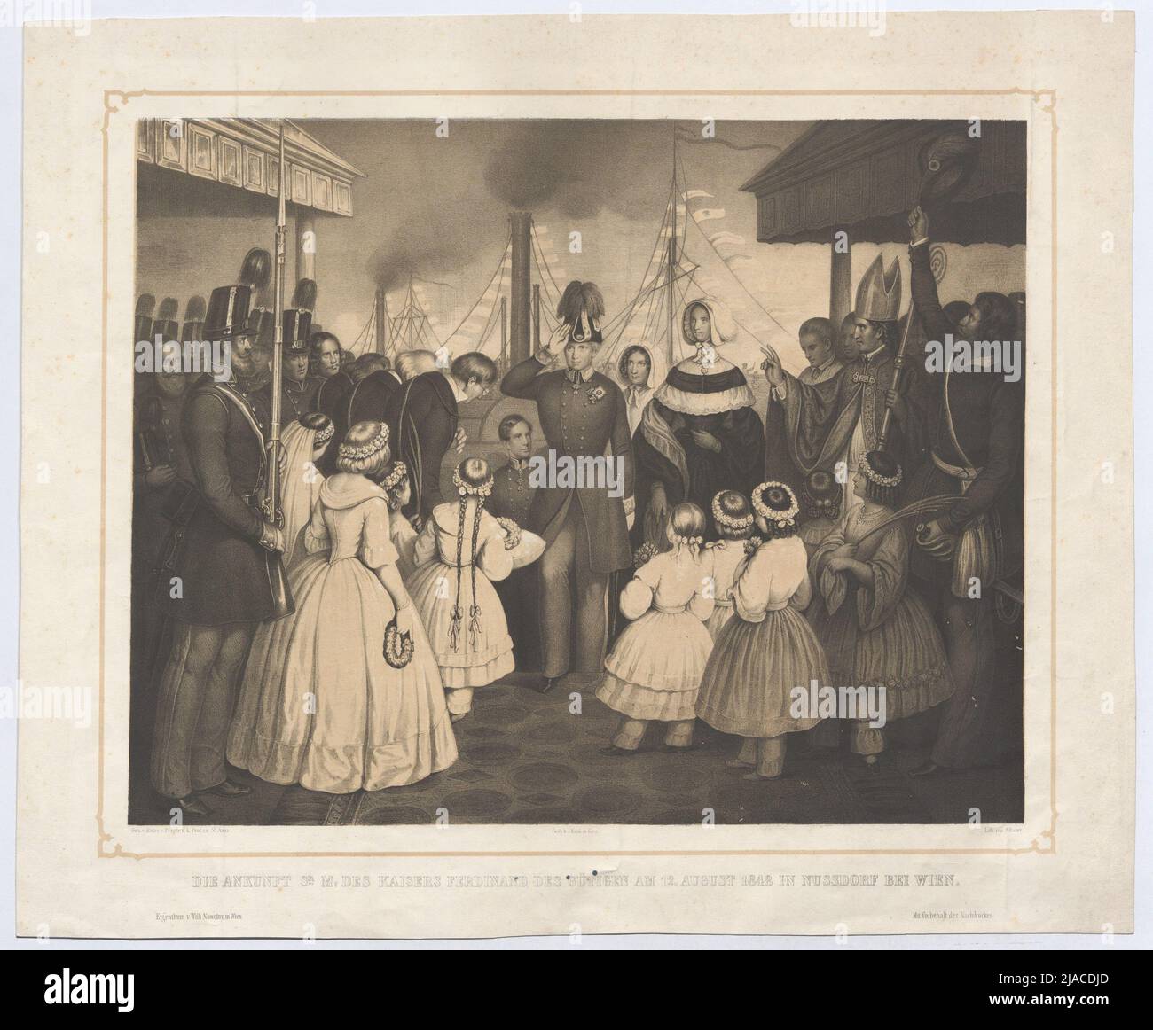 'Die Ankunft SR: M: Der Kaiser Ferdinand des Wütigen am 12. August 1848 in Nussdorf bei Wien.' (Ferdinand I. und Maria Anna Carolina). Josef Anton Bauer (1820-1905), lithographisch, nach: Anton Perger (Ritter von) (1809-1876), Schublade, Johann Rauh (1803-1863), Drucker, Wilhelm Nowotny, Herausgeber Stockfoto