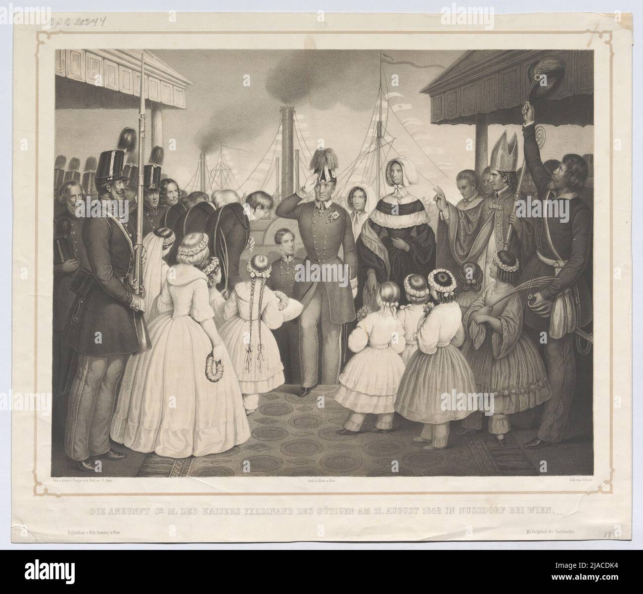 'Die Ankunft SR: M: Der Kaiser Ferdinand des Wütigen am 12. August 1848 in Nussdorf bei Wien.' (Ferdinand I. und Maria Anna Carolina). Josef Anton Bauer (1820-1905), lithographisch, nach: Anton Perger (Ritter von) (1809-1876), Schublade, Johann Rauh (1803-1863), Drucker, Wilhelm Nowotny, Herausgeber Stockfoto