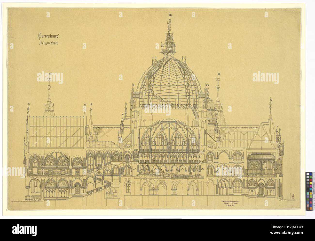 Wettbewerbsentwurf für das Herrenhaus, längslaeufig geschnitten. Friedrich von Schmidt (1825-1891), Architekt Stockfoto