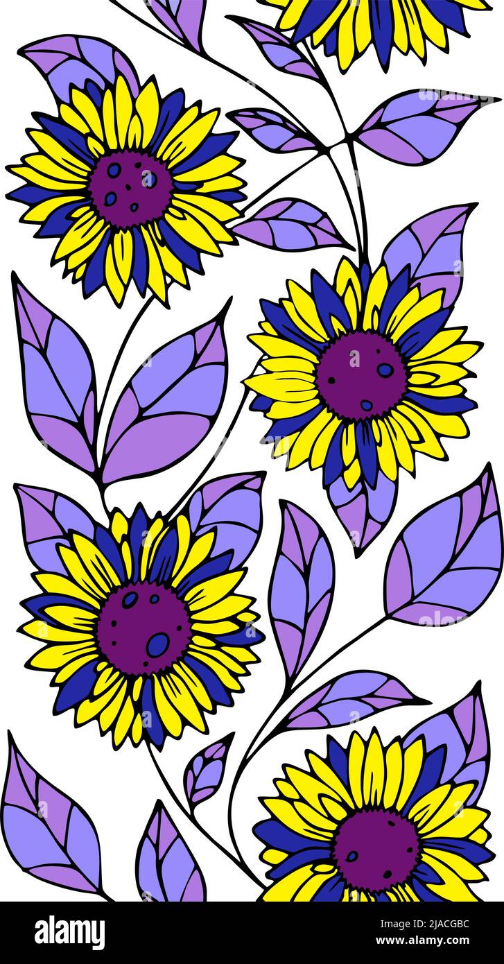 Nahtlose florale Ornament Grenze von gelb-blauen Sonnenblumen, helle florale Grenze, Textur Stock Vektor