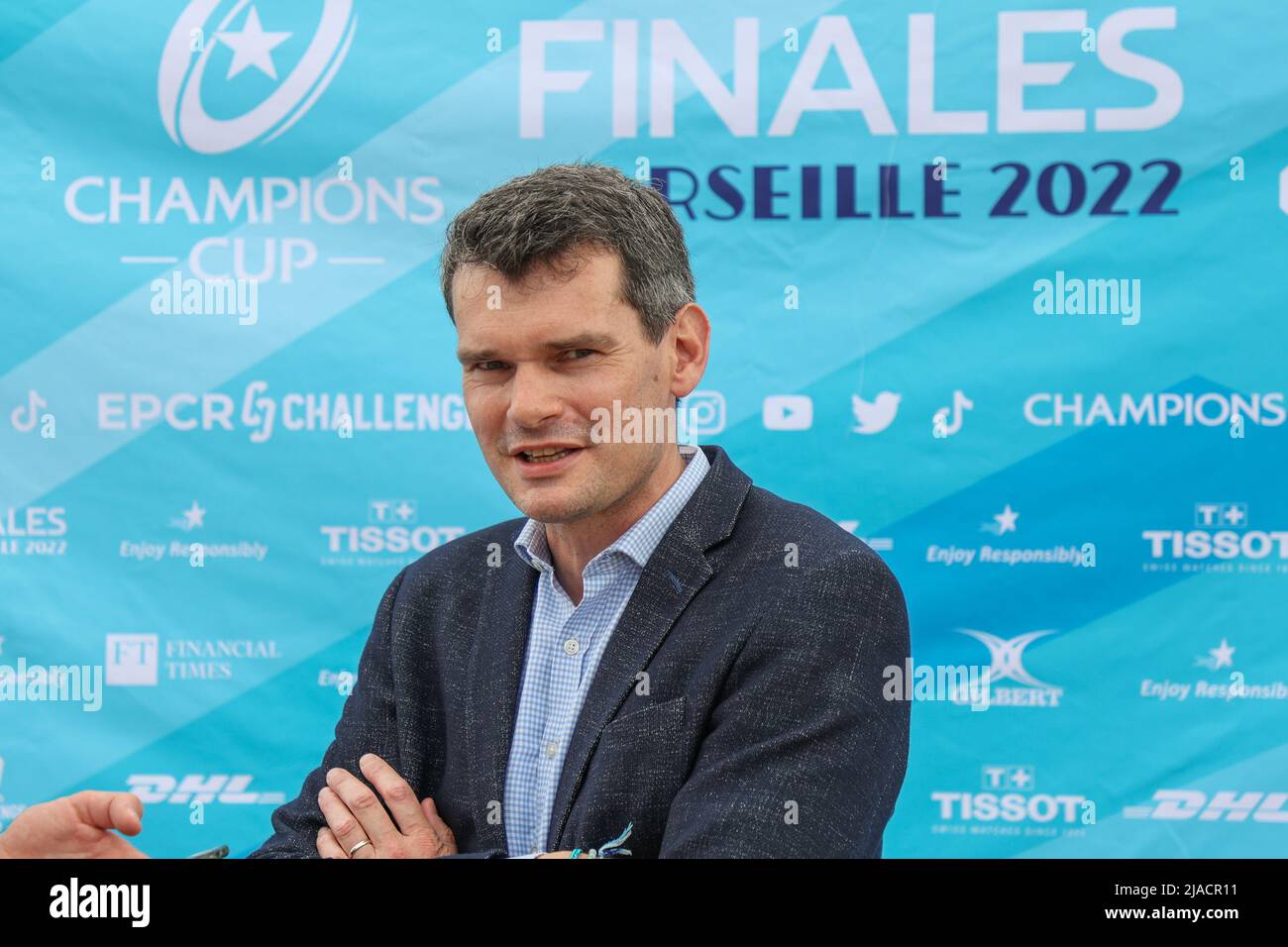 Marseille, Frankreich. 26.. Mai 2022. Anthony Lepage, Direktor des European Professional Club Rugby, gesehen während der Einweihung der Fan Zone in Marseille. Anlässlich des Finales des „Rugby Champion Cup“ und des „Challenge Cup“ wurde in Marseille eine Fanzone (Champions Rugby Village) in Anwesenheit von Bryan Habana eröffnet, der aufgrund seiner Geschwindigkeit und Kraft als einer der besten Flügelfahrer der Welt gilt. (Foto von Denis Thaust/SOPA Images/Sipa USA) Quelle: SIPA USA/Alamy Live News Stockfoto