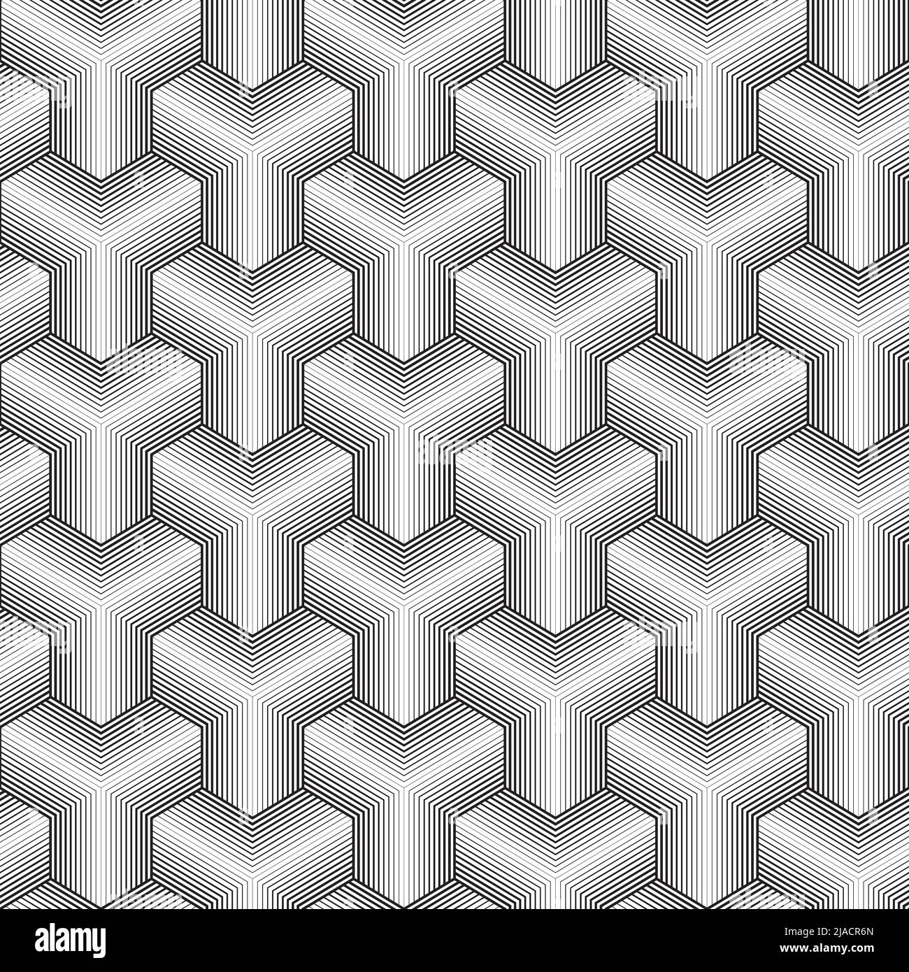 Dünne Linien Cubes Nahtloses Isometrisches Muster. Vektor kachelbarer Hintergrund in Schwarz und Weiß Stock Vektor