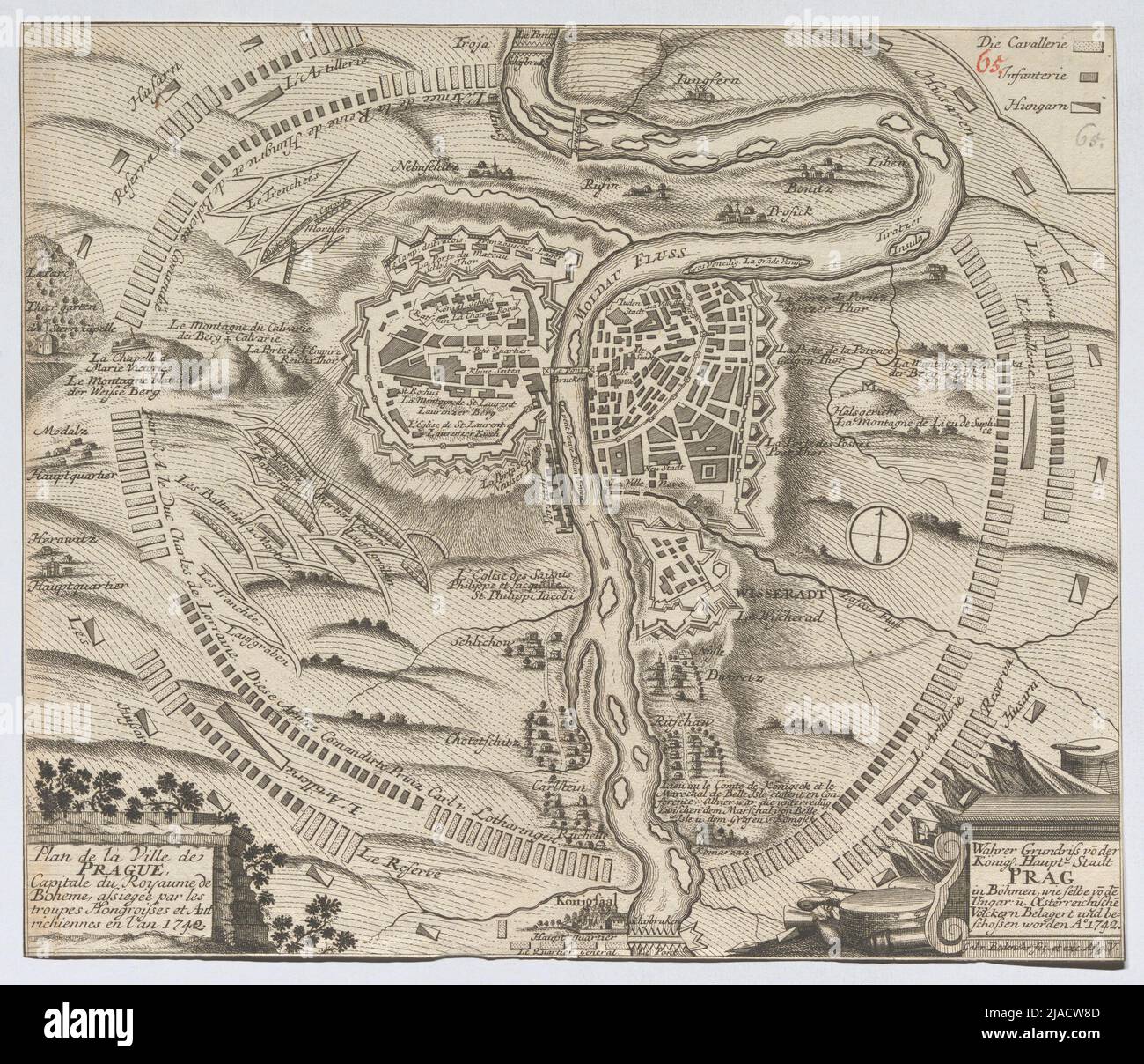 Plan aus Prag während der Belagerung durch ungarische und österreichische Truppen 1742. Fraglich: Gabriel (älter) Bodenhr (1673-1765), Kupferstecher, fraglich: Gabriel (der jüngere) Bodenehr (1705-1792), Kupferstecher Stockfoto