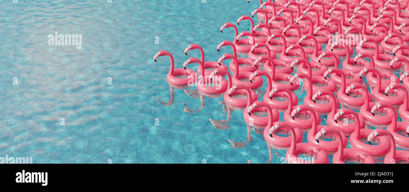 Große Gruppe aufblasbarer Schwimmringe in Pink Flamingo, die im Pool schwimmen. Sommerurlaub Konzept 3D Render 3D Illustration Stockfoto