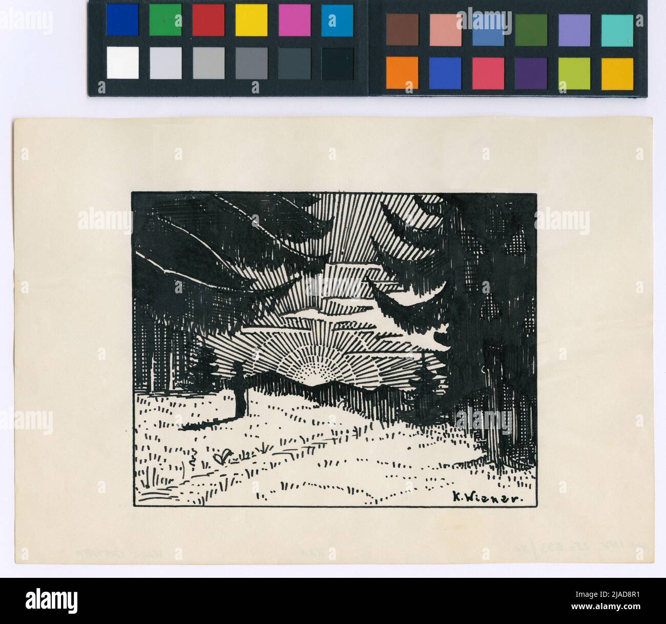 Ohne Titel (Sonnenaufgang auf einer Waldlichtung). Karl Wiener (1901-1949), Künstler Stockfoto