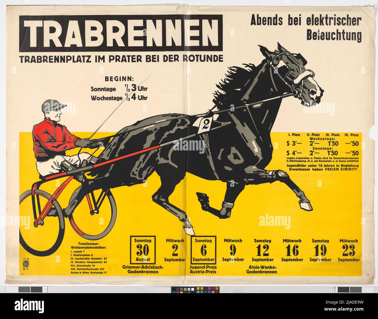 Trab-Rennen/Trab-Renngelände im Prater an der rotunde. Plakat' Trabrennen 'am' Trabrennplatz im Prater an der Rotunde', 1934. Unbekannt Stockfoto
