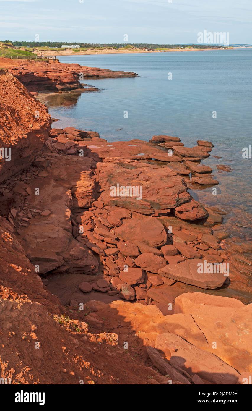 Roter Sandstein an der ruhigen Küste auf Prince Edward Island in Kanada Stockfoto