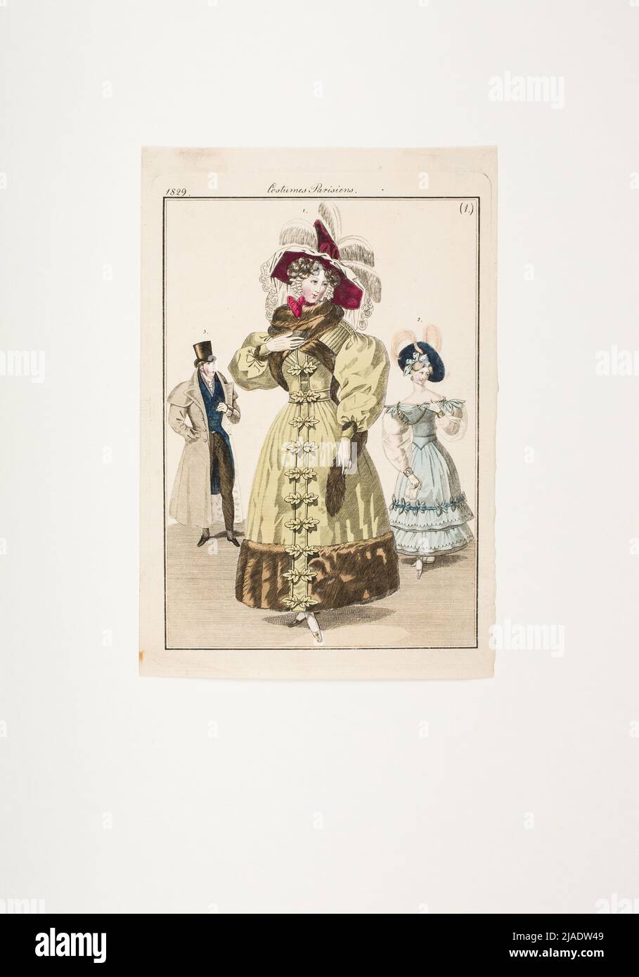 Modebild: 'Pariserin im Überzug mit marderpelz, französische Dame mit Samthut, Herr im Ledermantel'. Unbekannt Stockfoto