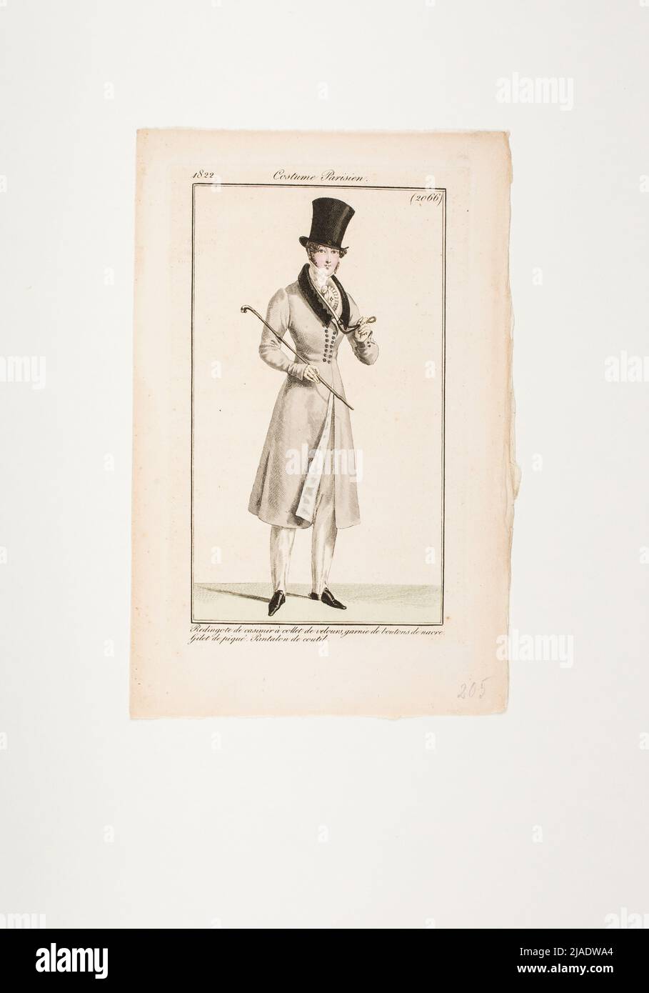 Modebild: 'Franzose im Reitmantel mit Sugelkragen, Zylinder, Stab und Einzelglas'. Unbekannt Stockfoto
