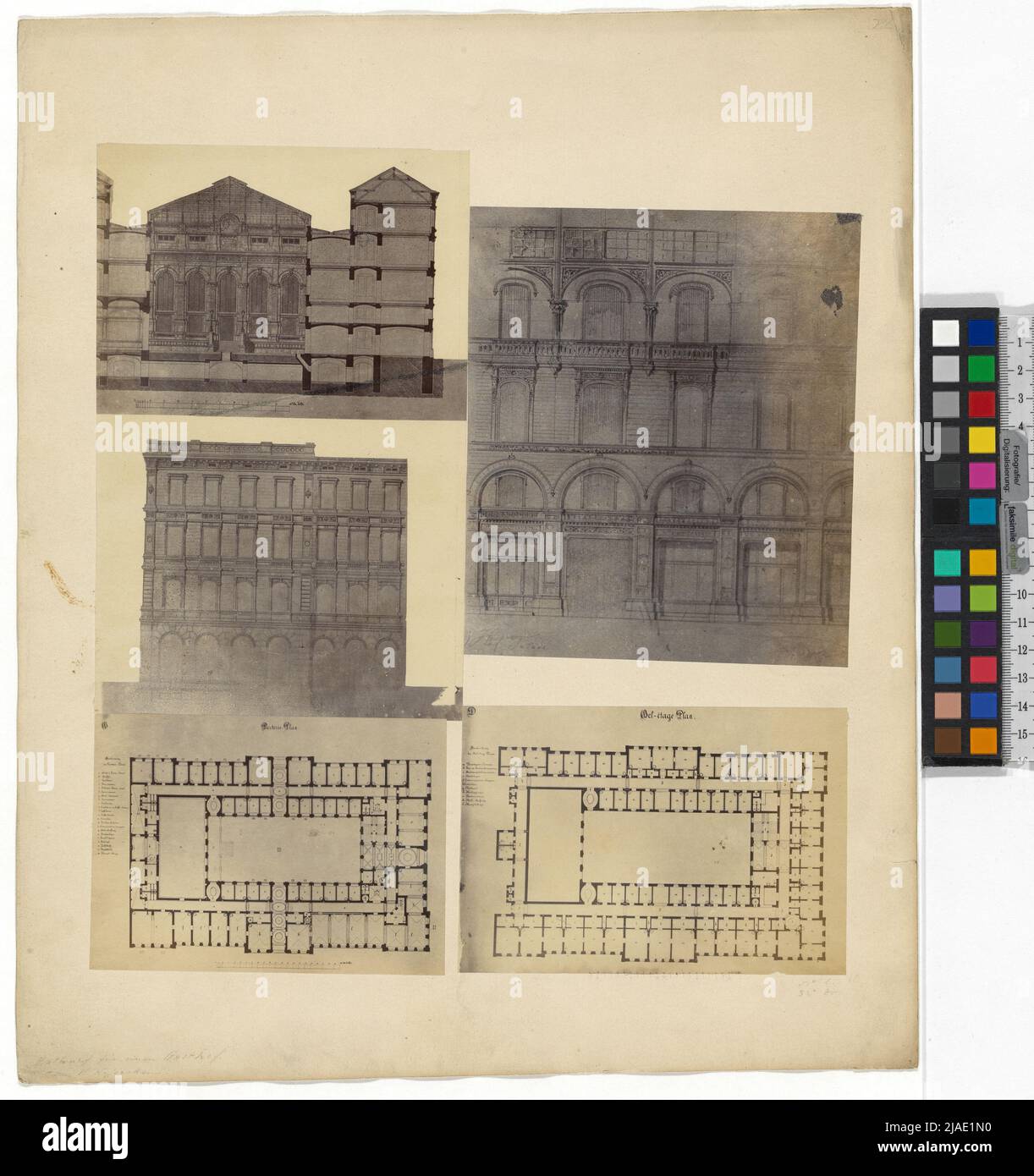 Projekt für ein Gasthaus - Ober - Schnitt - Grundrisse. Josef Wessicken (1837-1918) ,, Fraglich: Andreas Groll (1812-1872), Fotograf Stockfoto