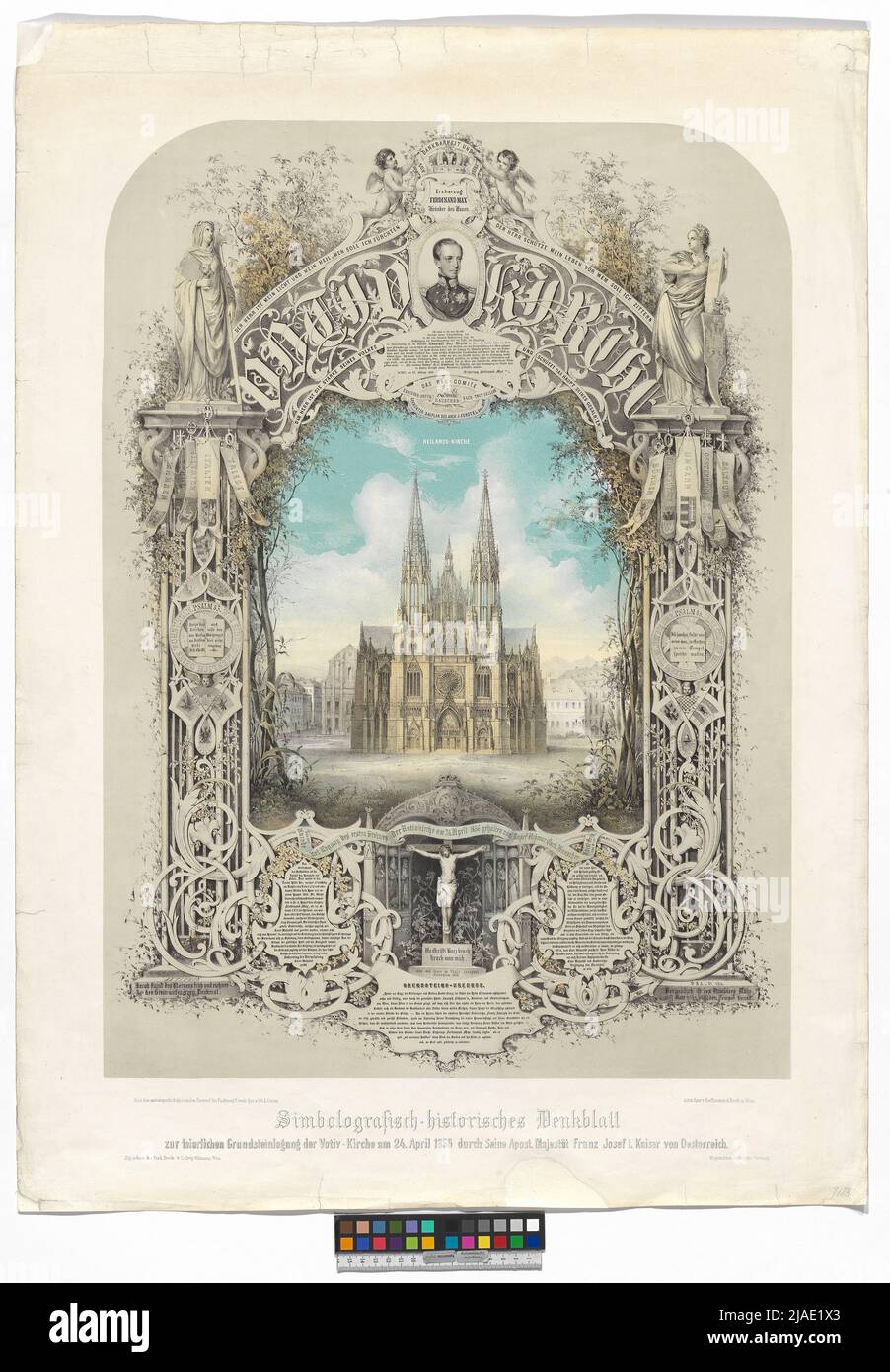 Simbolografisch-historisches Denkblatt für die feierliche Grundlegung der Votivkirche am 24. April 1856 durch ihren Apost. Majestät Franz Josef I. Kaiser von Österreich“. Gedenkblatt für die Grundsteinlegung der Votivkirche. Ludwig Czerny (1821-1889), Lithograph, Ferdinand Tewele, Künstler Stockfoto