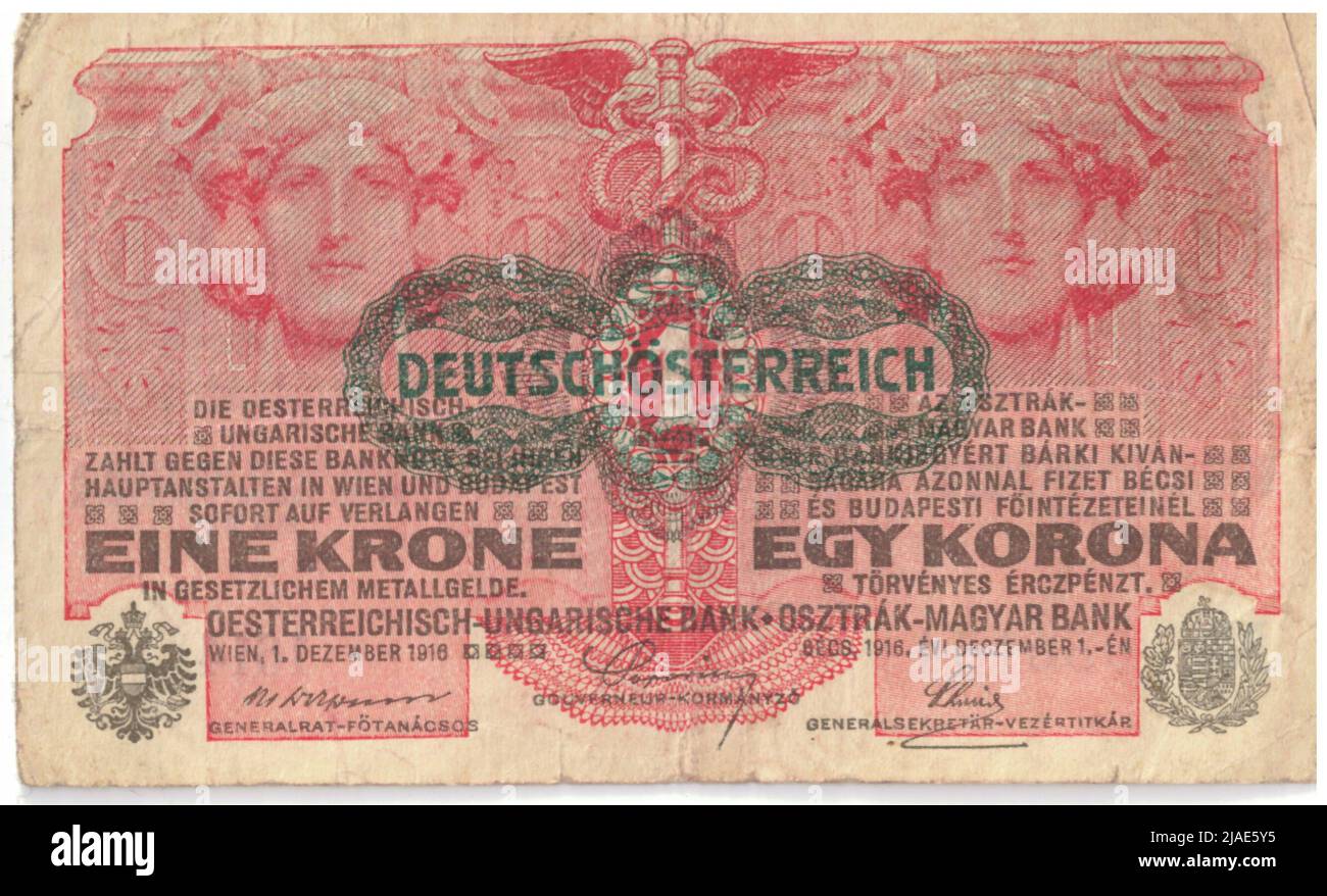 Banknote, 1 Kronen. Alois Hans Schram (1864-1919), Künstler, Rudolf Rössler (1864-1934), Künstler, Rudolf Junk (1880-1943), Künstler, Österreichisch-Ungarische Bank, Münzbehörde Stockfoto