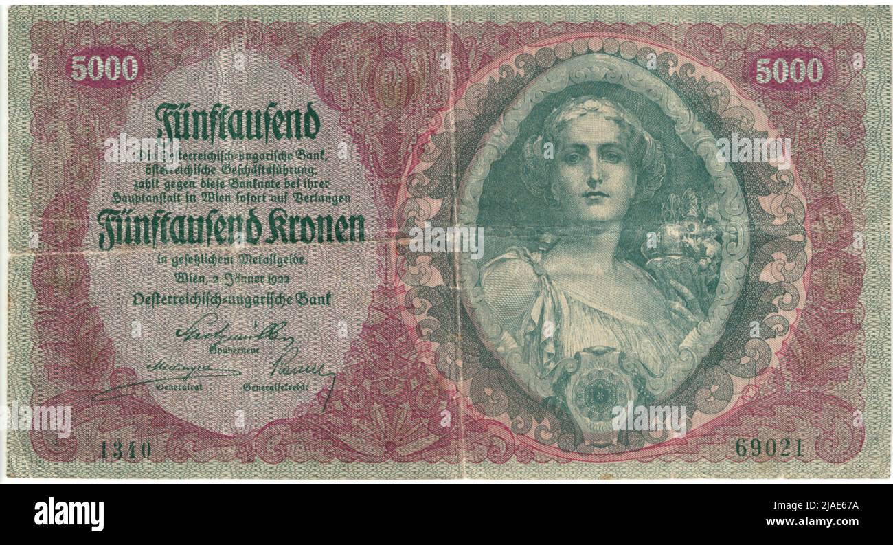 Banknote, 5000 Kronen. Alois Hans Schram (1864-1919), Künstler, Rudolf Junk (1880-1943), Künstler, Österreichisch-Ungarische Bank of Austrian Management, MINT-Behörde Stockfoto