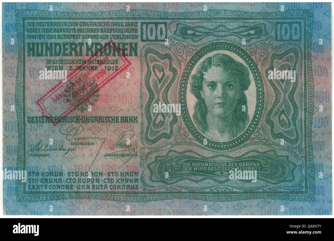 Banknote, 100 Kronen. Österreichisch-Ungarische Bank, Münzanstalt, Josef Pfeiffer (1864-1915), Künstler Stockfoto