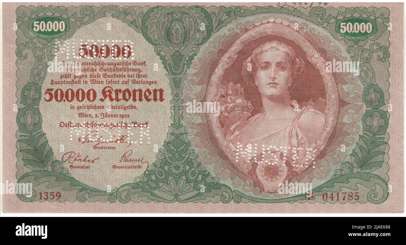 Banknote (Muster), 50000 Kronen. Alois Hans Schram (1864-1919), Künstler, Rudolf Junk (1880-1943), Künstler, Österreichisch-Ungarische Bank of Austrian Management, MINT-Behörde Stockfoto