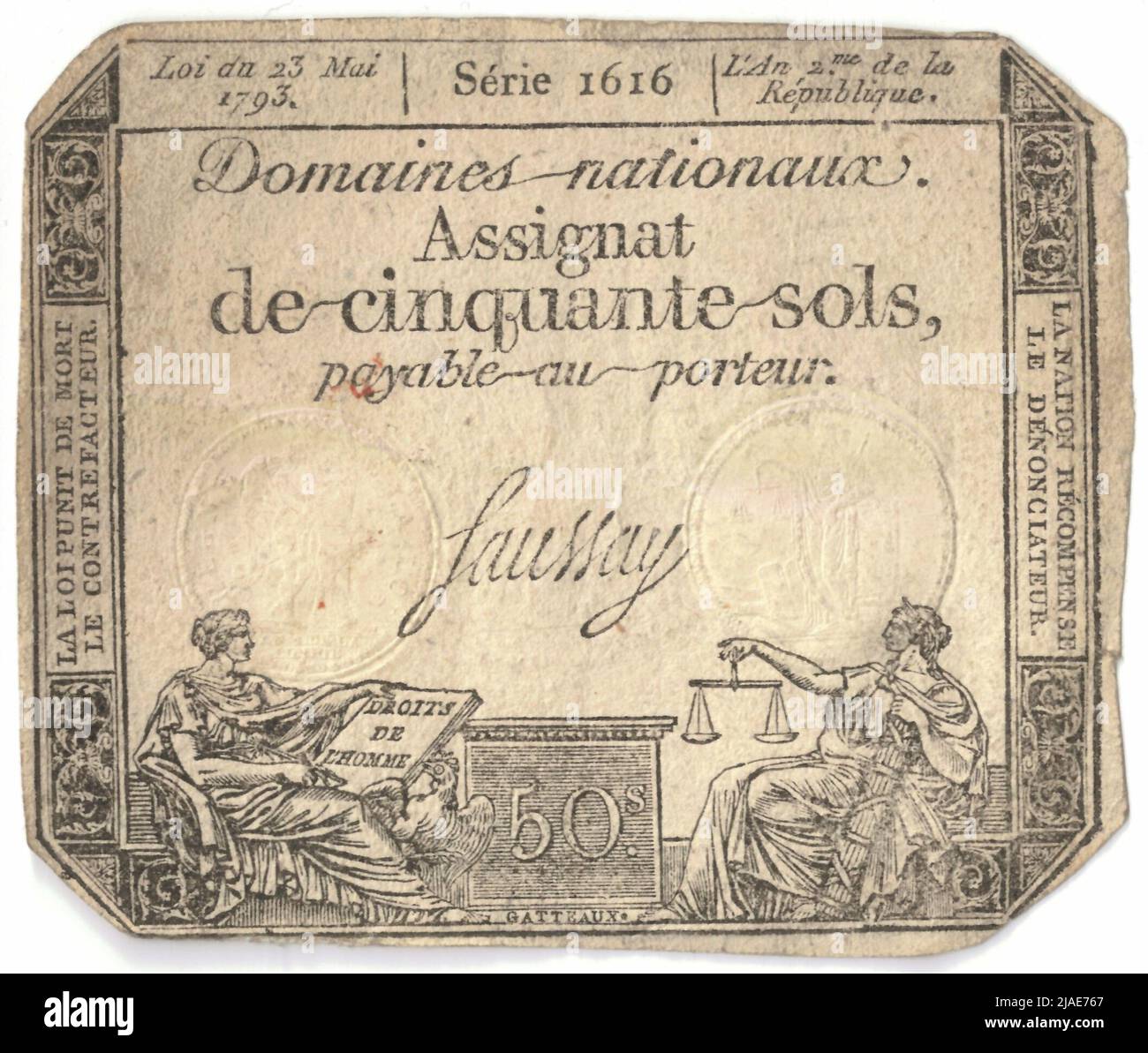 Assignato, 50 Stockwerke. (Hypotheque on the) National Domains, Mint Authority, Nicolas-Marie Gatteaux (1751-1832), Künstler, Jean-Baptiste Gérard, Interpret Stockfoto