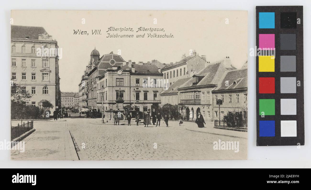 8., Albertplatz - mit Schule - Blick auf die Albertgasse, Postkarte. Sperlings Postkartenverlag (M. M. S.), Produzent Stockfoto