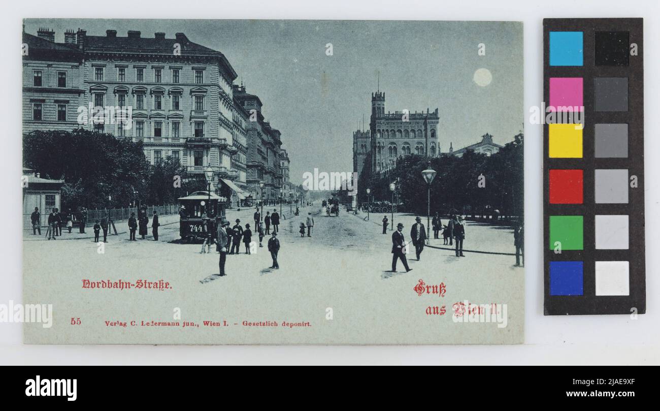 2., Nordbahnstraße - mit Nordbahnhof, bei Nacht - Blick Richtung Brigittenau, Postkarte. Carl (Karl) Ledermann jun., Produzent Stockfoto