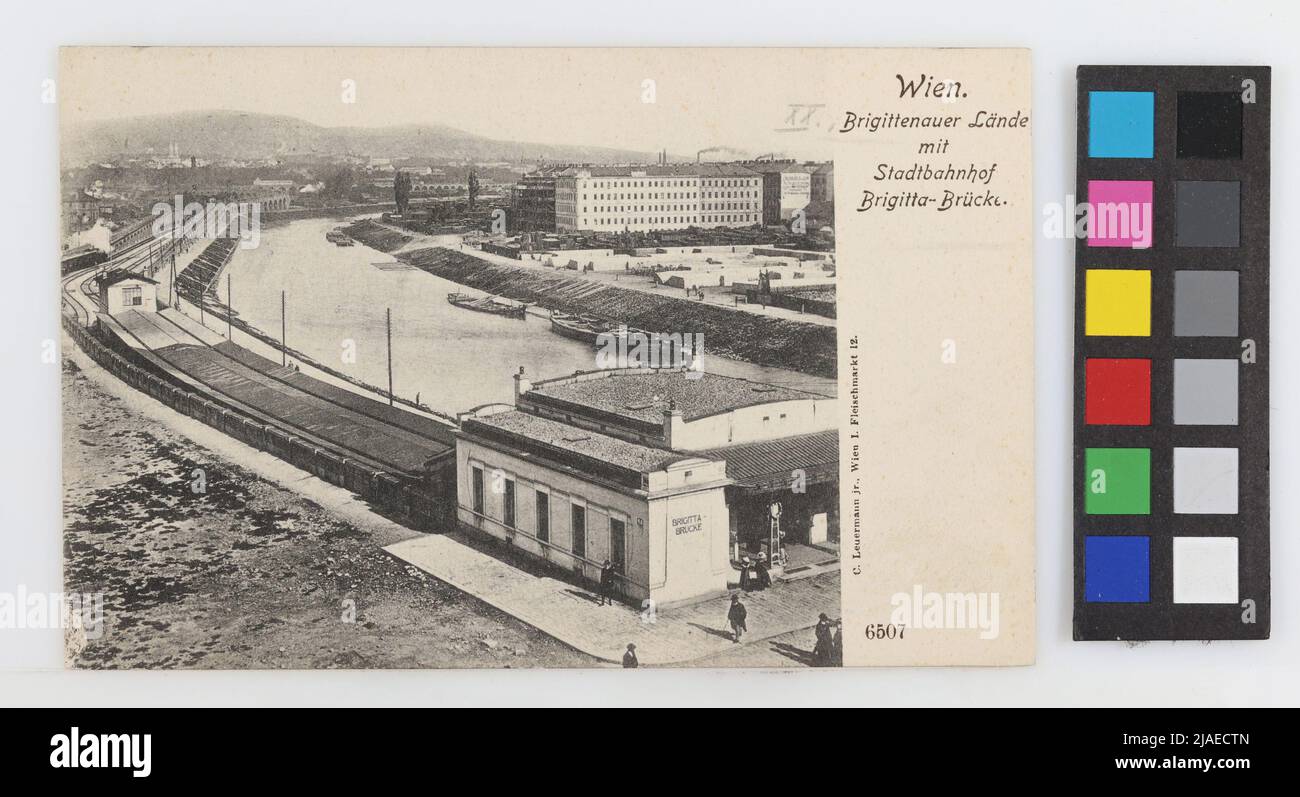 20., 9., Brigittenauer Lände - mit Brigitta -Brücke Stadtbahnhof, Postkarte. Carl (Karl) Ledermann jun., Produzent Stockfoto