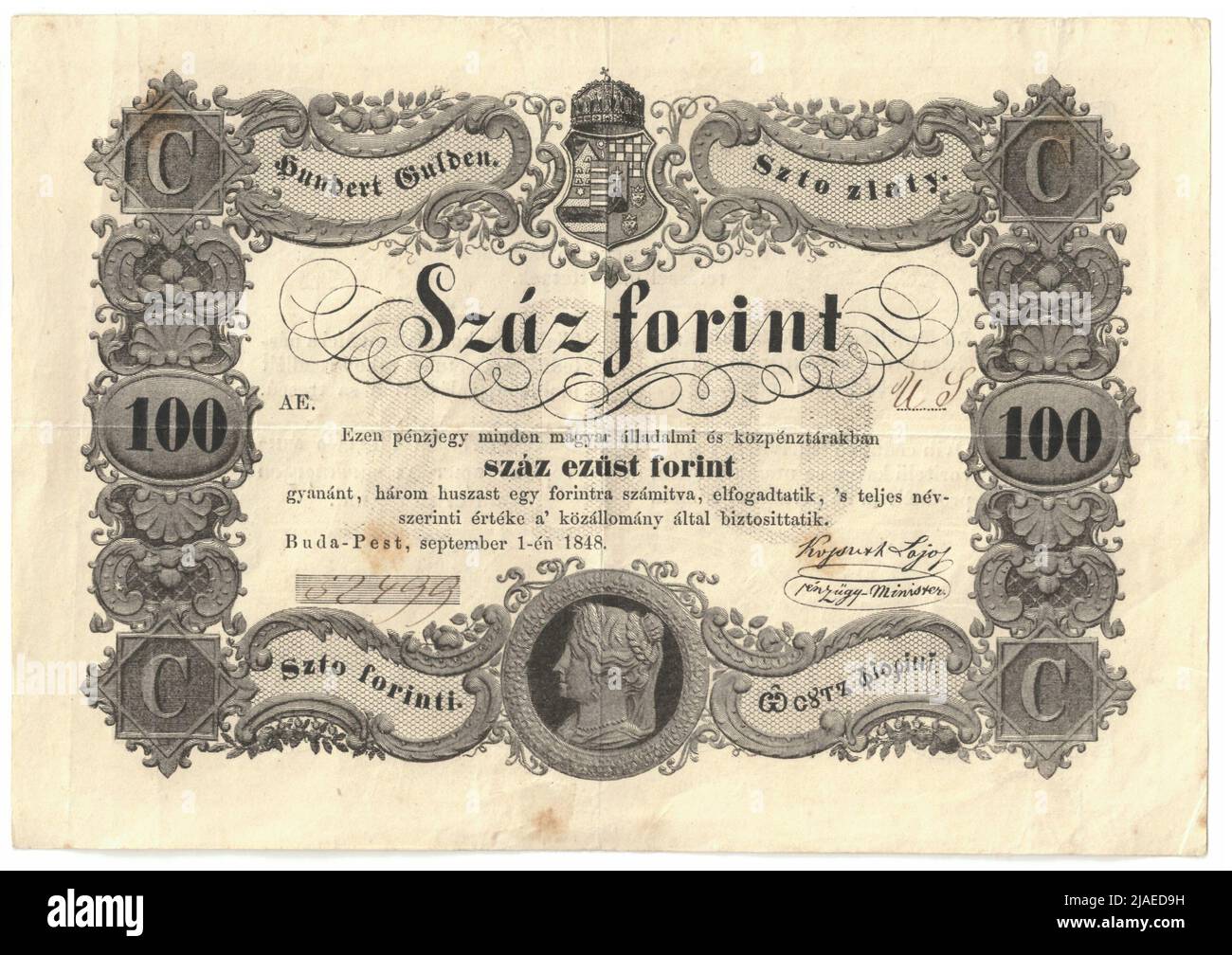 Pénzjegy (Banknote), 100 Forint. Ungarisches Finanzministerium, MINT-Behörde Stockfoto