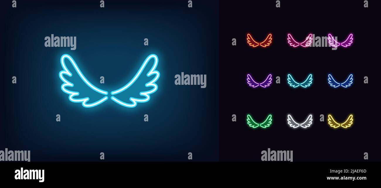 Umreißen Sie das Symbol mit dem Neonflügel. Leuchtende Neon Vogelflügel Silhouette in Cartoon-Stil, Engel Flügel Piktogramm. Flug und Freiheit, niedliche Flügel zur Dekoration, fliegen Stock Vektor