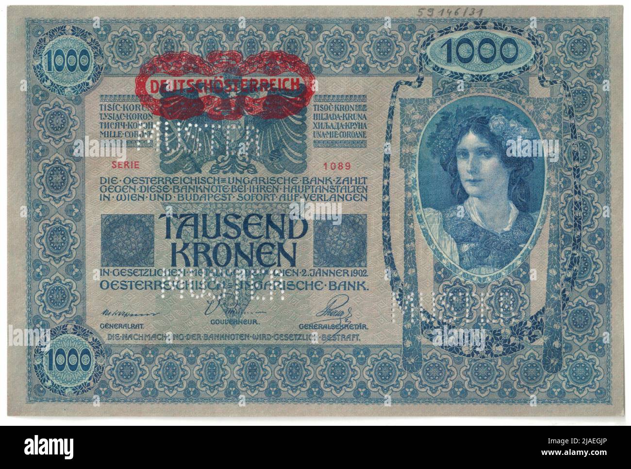 Banknote (Muster), 1000 Kronen. Rudolf Rössler (1864-1934), Künstler, Heinrich Lefler (1863-1919), Künstler, Österreichisch-Ungarische Bank, Mint Authority Stockfoto