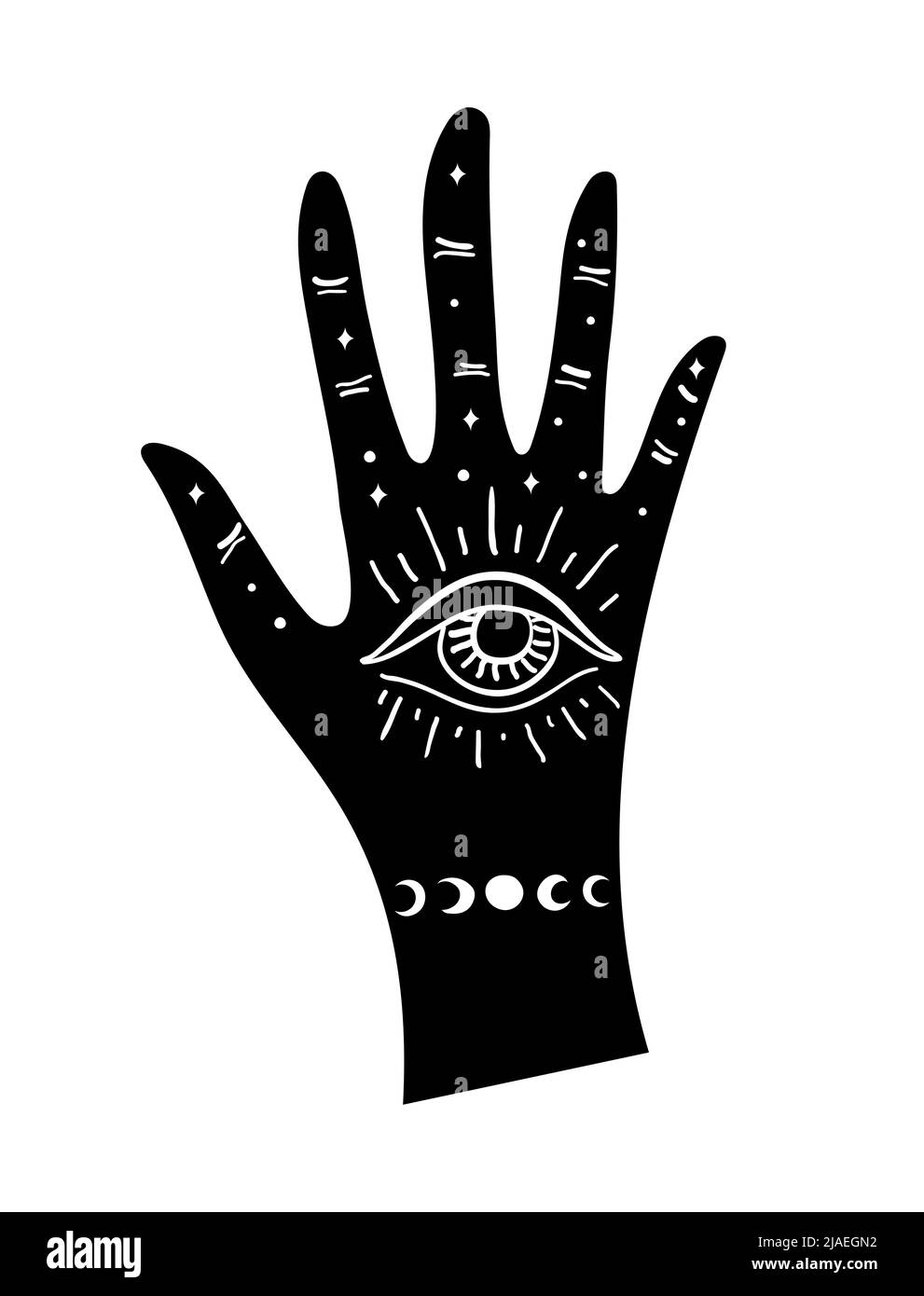 Hexenpalme mit Tattoos und mystischen Symbolen. Vektor-magisches Symbol auf weißem Hintergrund isoliert, Symbol der Hexerei, Tarot, Weitsicht, Schicksal Stock Vektor