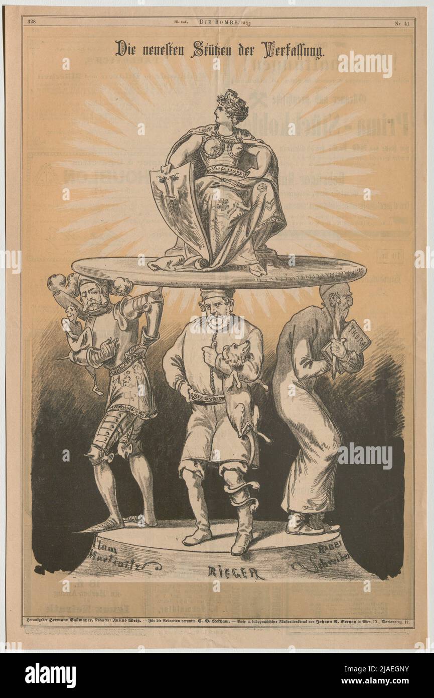 Die jüngsten Unterstützungen der Verfassung. '. Die jüngsten Unterstützungen der Verfassung; Heinrich Jaroslav Clam-Martinic, Rabbi Simon Schreiber, Frantisek Ladislav aus Rieger (Karikatur aus' die Bombe'). Unbekannt Stockfoto