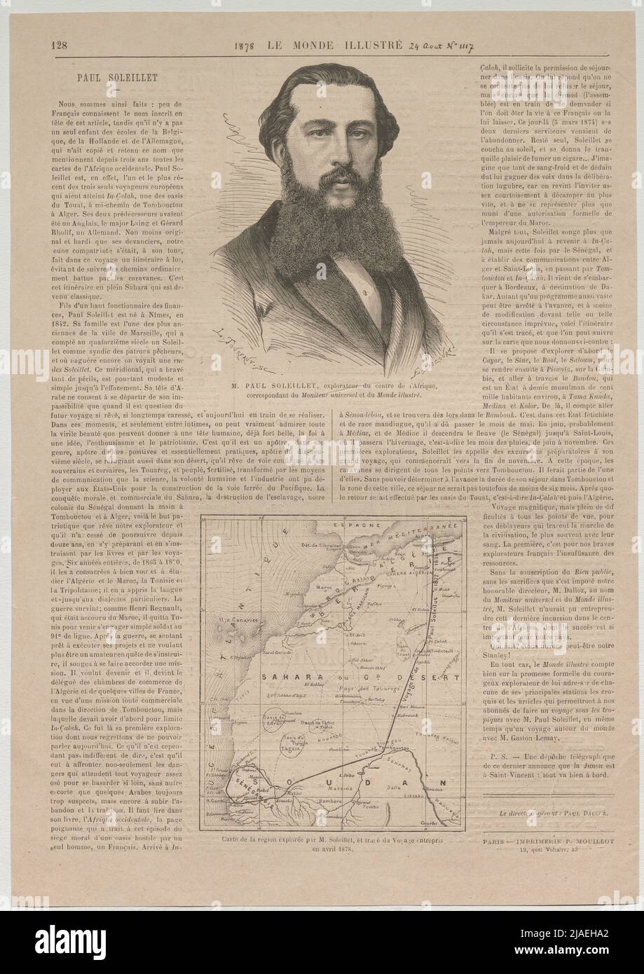 Herr Paul SOLEILLET, Entdecker des Zentrums Afrikas, Korrespondent des universellen Monitors und der illustrierten Welt. Karte der von (..) '. Paul SOLEILLET, Französischer Afrikareisender; Portrait und Karte eines von ihm erkunden Gebietes (Sahara) (aus' Le Monde Illustre'). Unbekannt Stockfoto