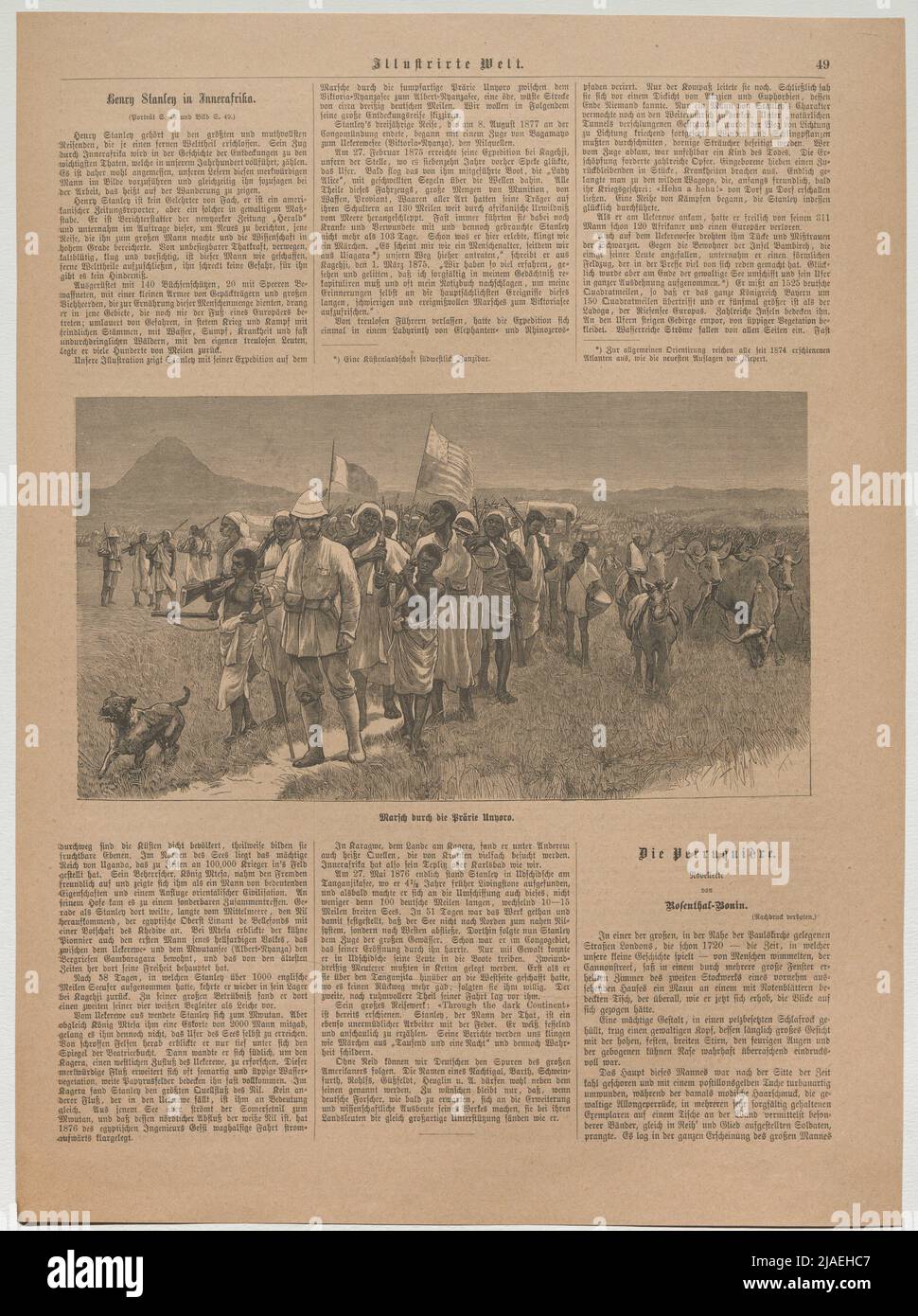 Henry Stanley in Innerafrika. Marsch durch die Prärie Unyoro. '. Henry Morton Stanley in Inna-Afrika; marsch durch die Prärie Bunyoro (von 'Illustrated World'). Unbekannt Stockfoto