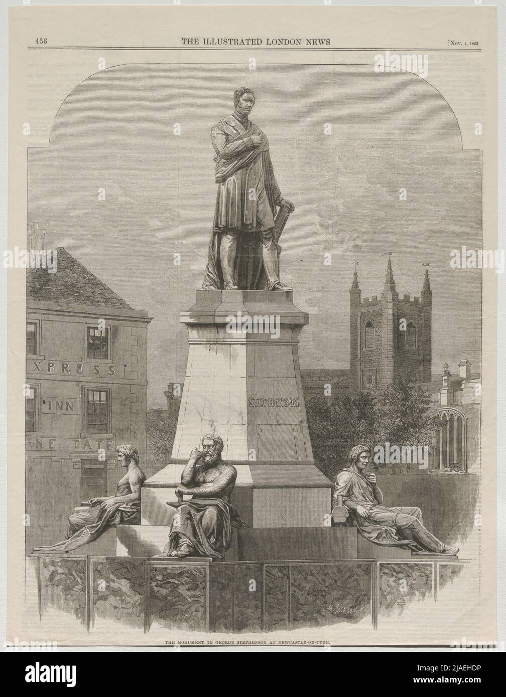 DAS DENKMAL FÜR GEORGE STEPHENSON IN NEWCASTLE-ON-TYNE.“ M. Jackson: Denkmal von George Stephenson, britischer Ingenieur, in Newcastle on Tyne (aus 'The Illustrated London News'). Unbekannt Stockfoto