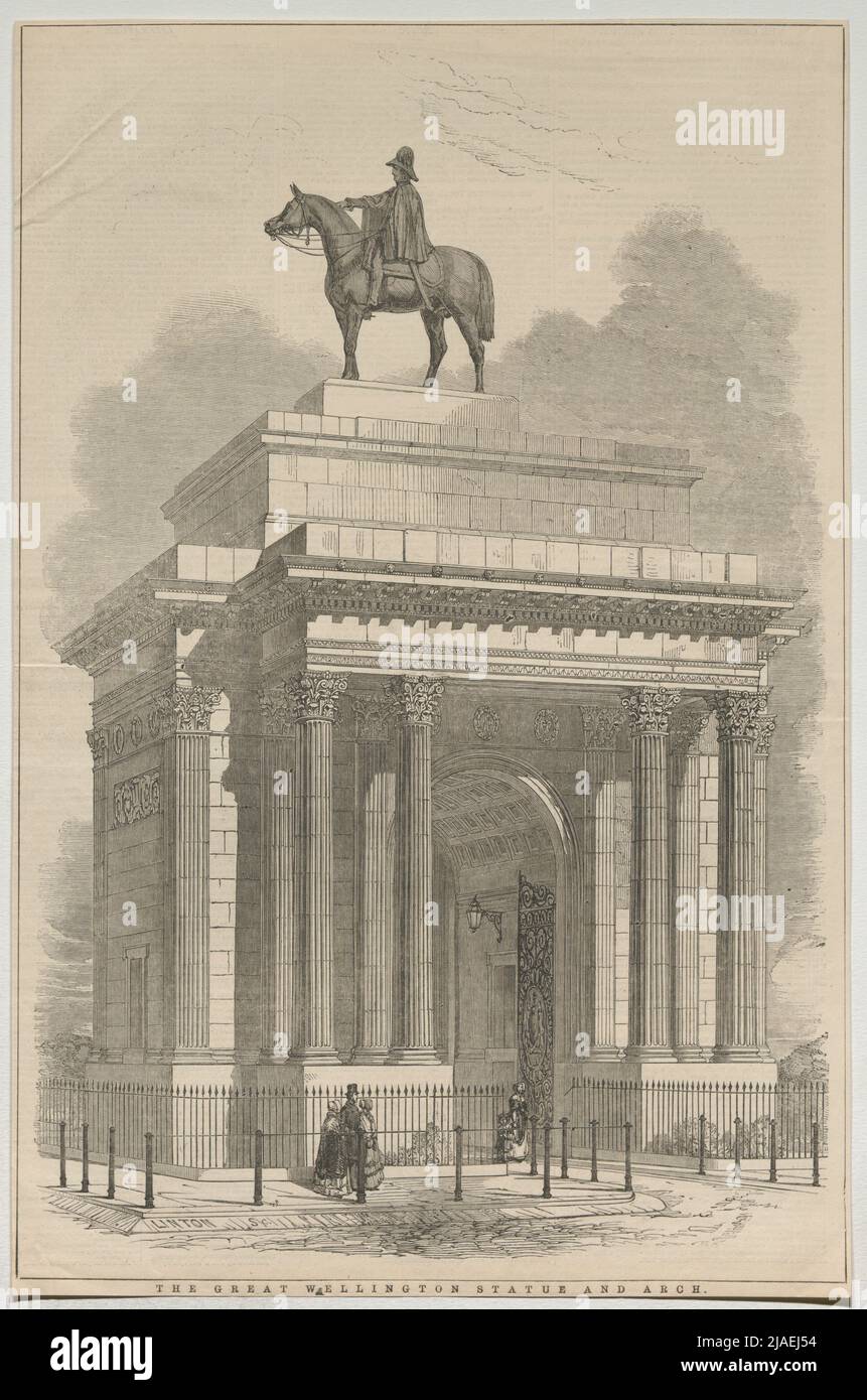 Die Great Wellington Statue und der Arch. '. The Great Wellington (= Arthur Wellesley, 1. Duke of Wellington) Statue und der Wellington Triumphbogen (aus 'Illustrated London News'). William James Linton (1812-1897), Künstler Stockfoto