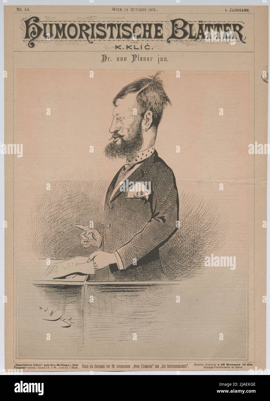 Dr. von plener jun. '. Ernest Freiherr von Plener, Mitglied des reichsrates, später Finanzminister (Titelblatt von „humorvollen Blättern“). Karl Klic (1841-1926), Karikaturist Stockfoto