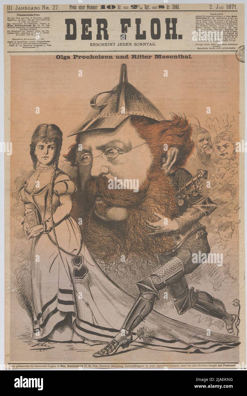 Olga Precheisen und Ritter Mosenthal. '. Olga (Lewinsky-) Precheisen als Gretchen, Salomon Hermann von Mosenthal als gebürtiger Faust, im Hintergrund Josefine Gallmeyer als Martha Schwerdtlein und Heinrich Laube als Mephisto (Titelseite von 'der Floh'). Karl Klic (1841 – 1926), Karikaturist, Johann Tomassich, Realisation Stockfoto