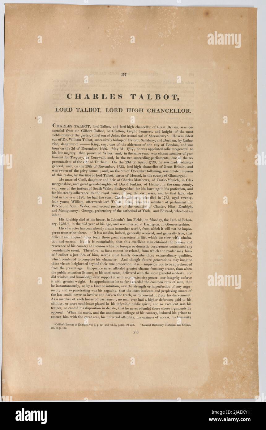 CHARLES TALBOT, LORD TALBOT, LORD HIGH CHANCELLOR:'. Biografie von Charles Talbot, 1. Baron Talbot von Hensol, Lord Chancellor von Großbritannien (aus 'die Häupter berühmter Persönlichkeiten Großbritanniens'). Thomas Birch (1705-1766), Auteur Stockfoto