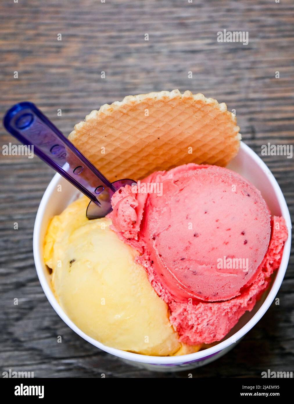 Berlin, Deutschland. 24.. Mai 2022. Eisbecher mit Schaufeln verschiedener Eisarten stehen auf einem Tisch in der Eiskultur-Eisdiele in Schöneweide. Eis und Sorbet gehören für viele Deutsche zum Sommer. Jedes Jahr werden neue Geschmacksrichtungen zum Trend erklärt. Viele bevorzugen jedoch die klassischen Aromen von Vanille, Schokolade und Erdbeere. (To dpa: „Sommertrends 22: Fischhüte in, Booties out?“) Quelle: Jens Kalaene/dpa/Alamy Live News Stockfoto