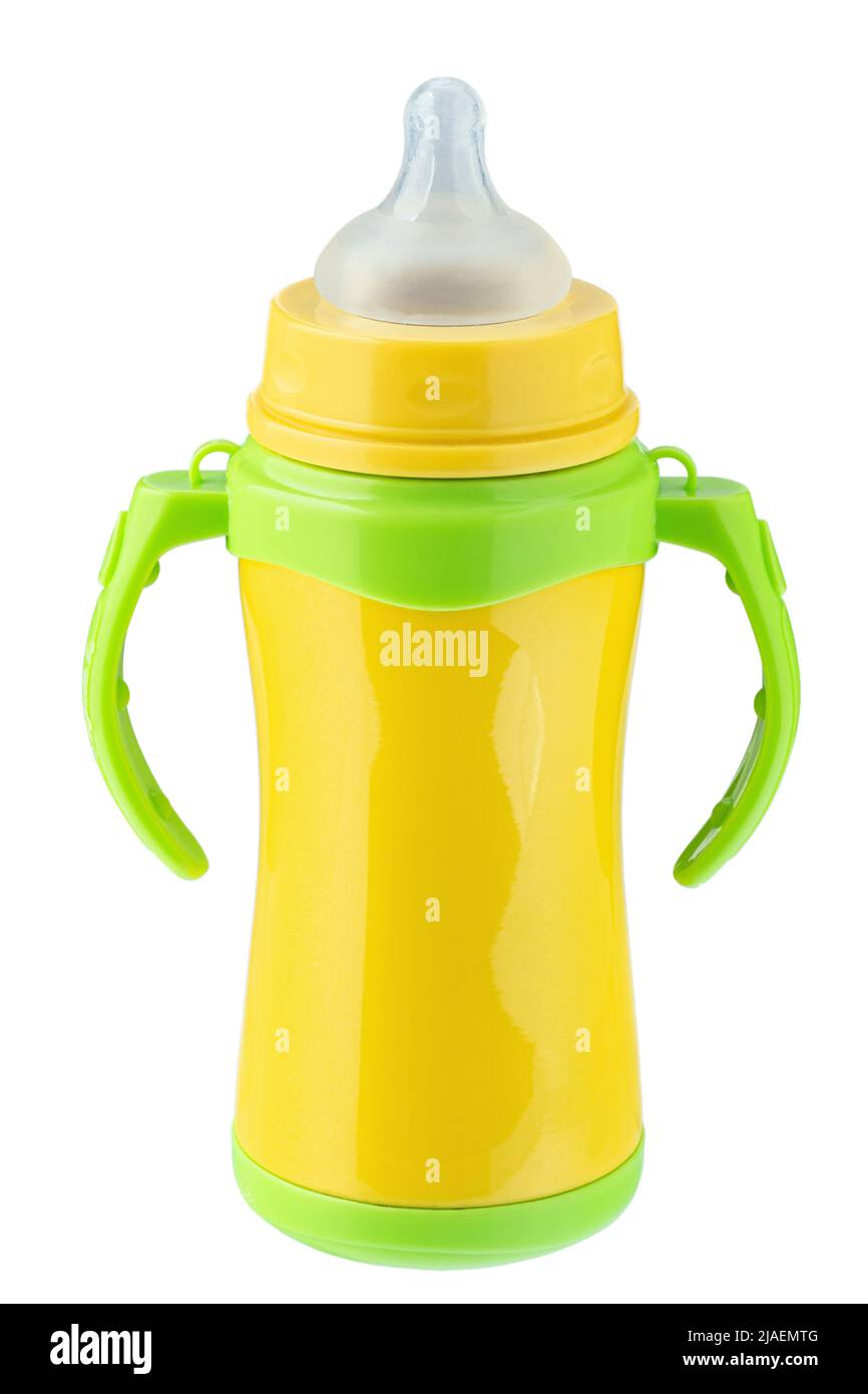 Gelbe Thermoskanne mit Schnuller für das Kind auf weißem Hintergrund.  Babyflasche mit Schnuller. Datei Enthält Beschneidungspfad Stockfotografie  - Alamy