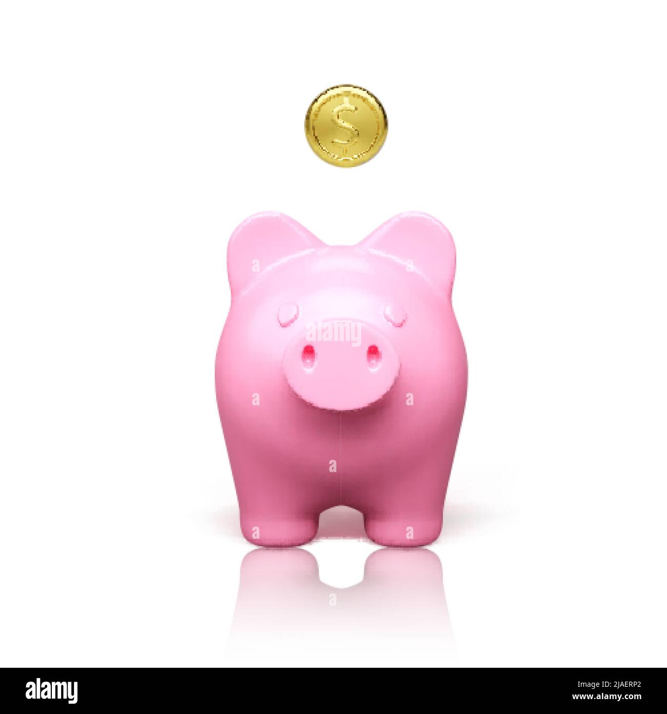 Rosa Sparschwein Vorderansicht mit fallender Goldmünze. Sparkonzept. 3D realistisch hübsches Schwein. Vektorgrafik Stock Vektor